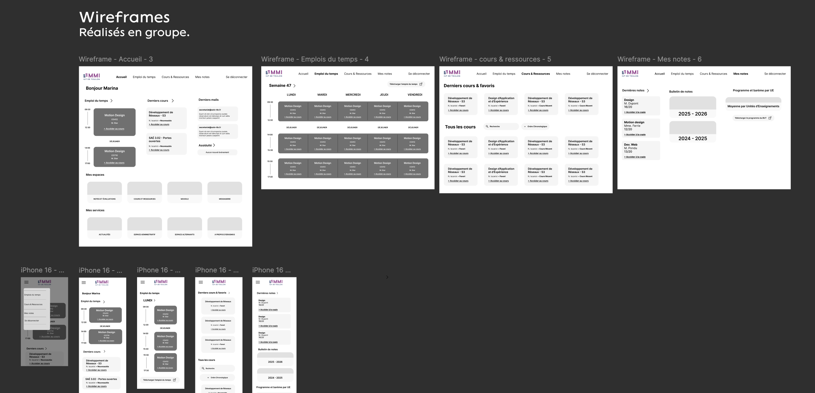 wireframes de l'interface